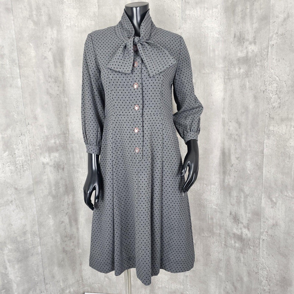 Vintage‎ 50s Grey Black Polka Dot Bow Collar 3/4 Sleeve Semi Sheer Dress